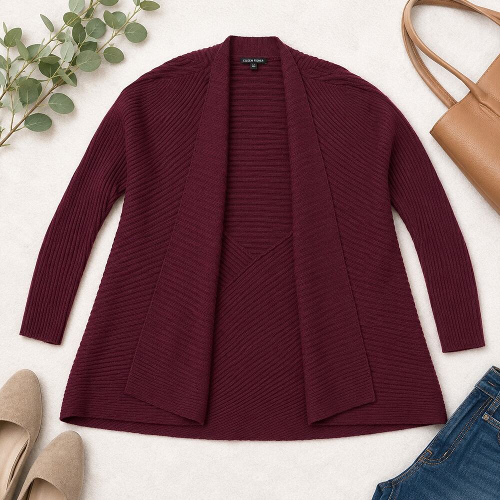 Eileen Fisher Merino Wool Open Front Ribbed Cardigan Sweater Burgundy Size Large